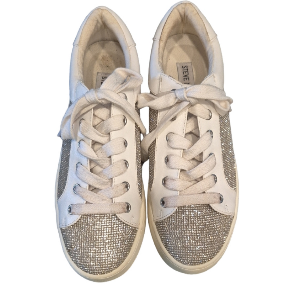 Steve Madden Bertie Glittering Silver Rhinestone and White Sneakers